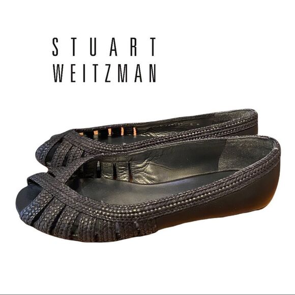 Stuart Weitzman Women's Black Braided Peep Toe Slip On Flats 8 - Picture 1 of 5